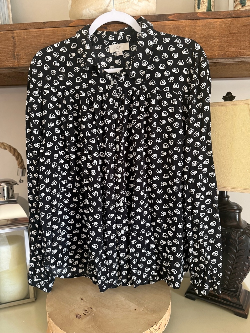 LOFT Black Button-Down Blouse with White Heart Print -XL